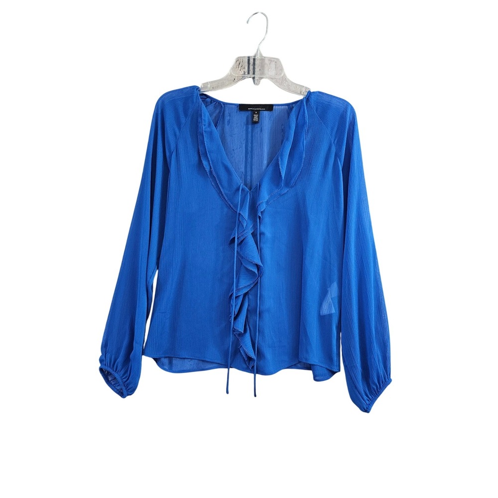 White House Black Market Blouse Womens S Blue Solid Ruffle V-Neck Long Sleeve